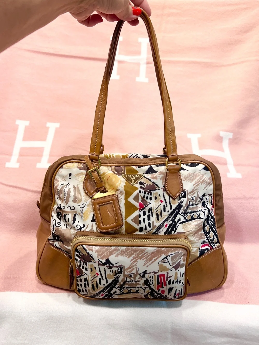 PRADA⭐️Bauletto! Multicolor Shoulder Bag with Brown Leather Trim. Offers!❤️
